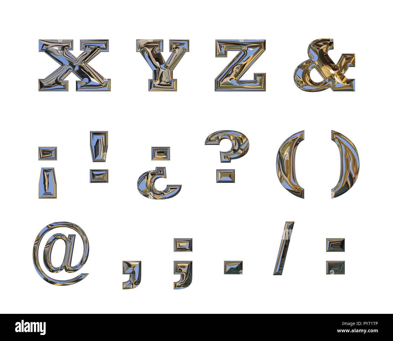 Die Buchstaben X, Y, Z, und orthographische Zeichen, mit Liquid Chrome Wirkung Stockfoto