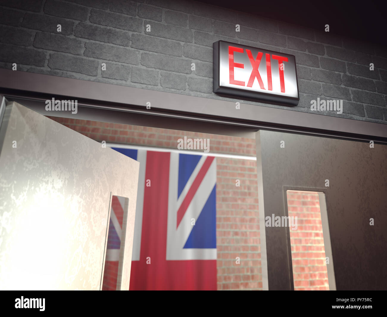 Rot glühenden Ausfahrt über eine offene Tür und im Hintergrund die die Flagge des Vereinigten Königreichs in Bezug auf Brexit, Großbritannien aus der Europäischen Union. Stockfoto