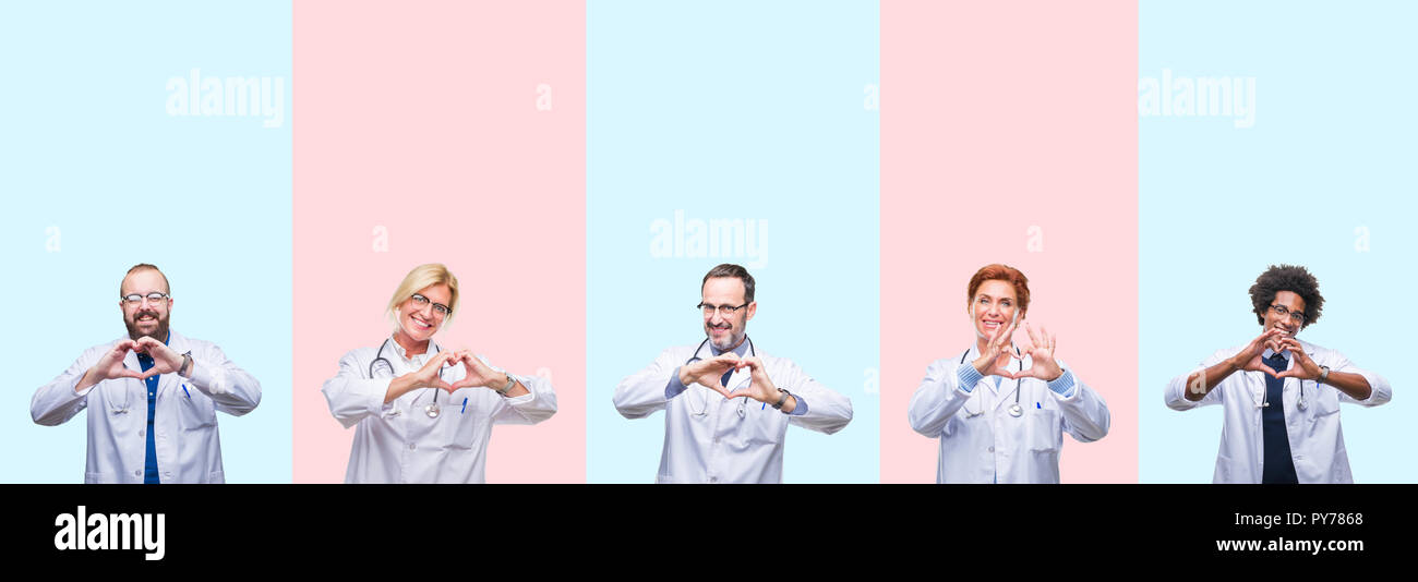 Collage der Gruppe Fachleute Ärzte mit medizinischen gleichmäßig über isolierte Hintergrund lächelnd in Liebe mit Herz und Formen mit den Händen. Rom Stockfoto