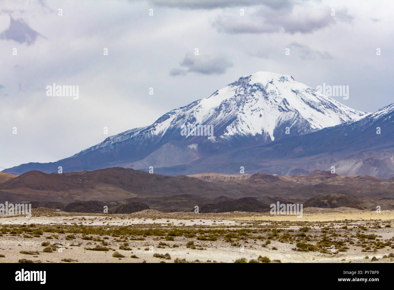 Die Höhe Landschaft von Lauca Nationalpark im Norden Chiles ist spektakulär mit Altiplano Lebensraum und Schnee Vulkan gipfeln. Stockfoto