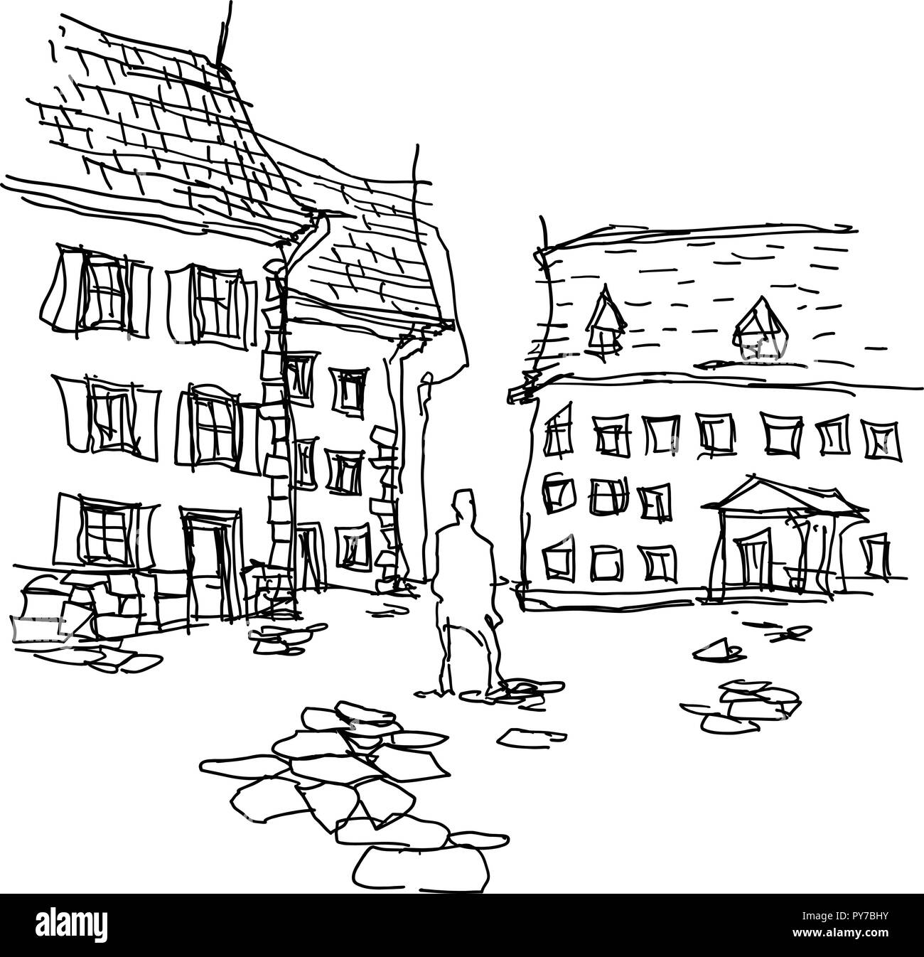 Hand gezeichnet Zeichnung der einsame Mann stand in der Mitte der Straße zwischen den alten Häusern Stock Vektor
