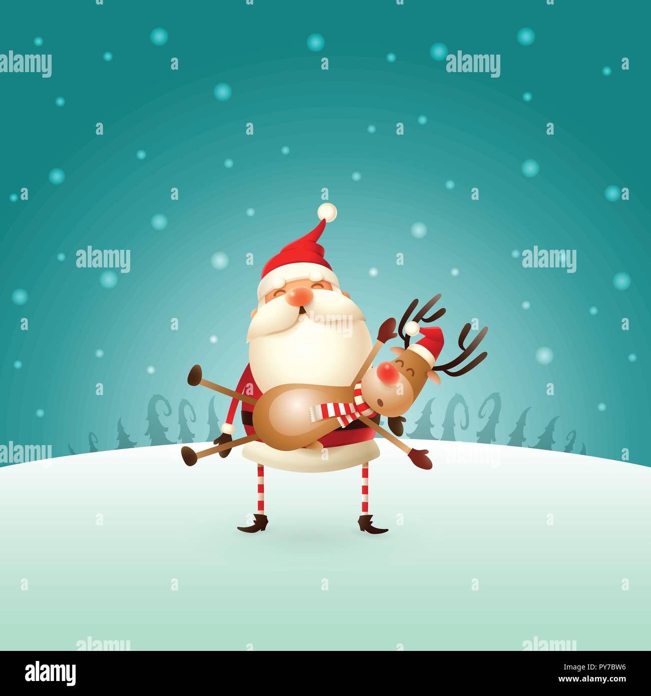 Santa Claus trägt ein Rentier auf seinen Händen - Winterlandschaft - Christmas Card Stock Vektor
