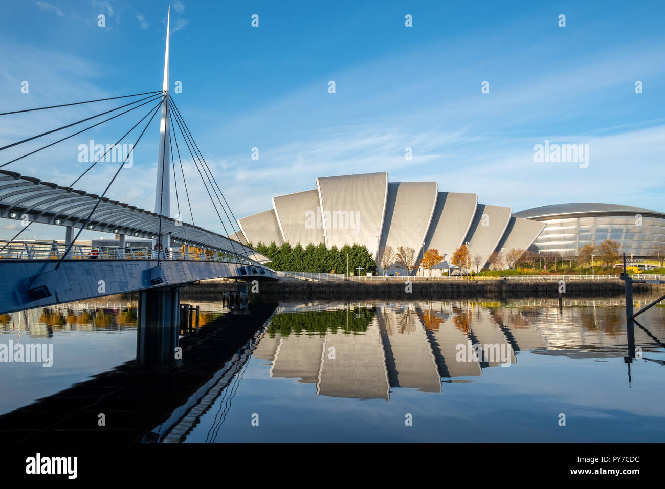 Glocken Brücke & SECC, Fluss Clyde, Glasgow, Schottland, Großbritannien Stockfoto