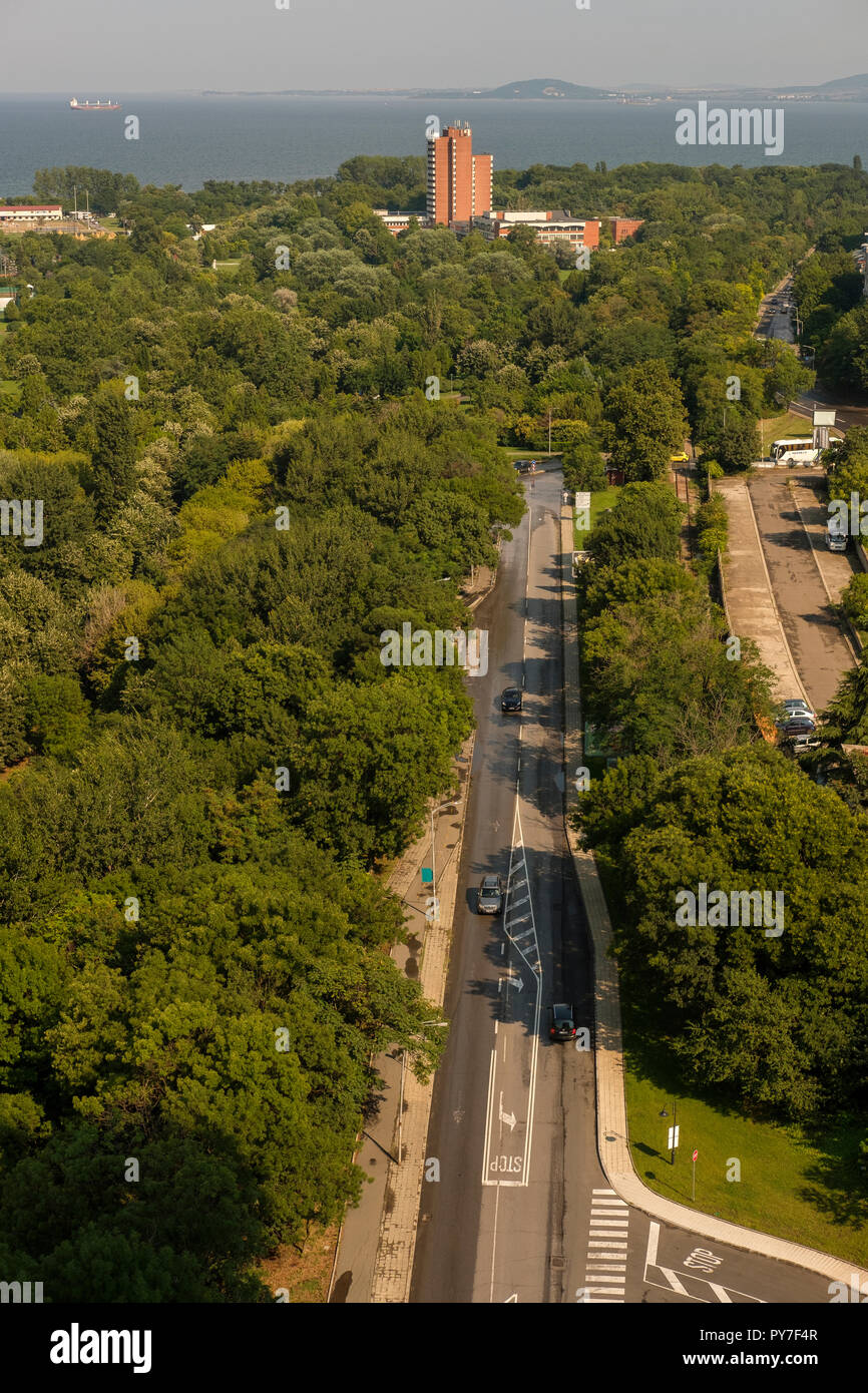 Bulgarien, Burgas. Luftaufnahme der Sea Garden Park und den Golf von Burgas an der Schwarzmeerküste. Stockfoto