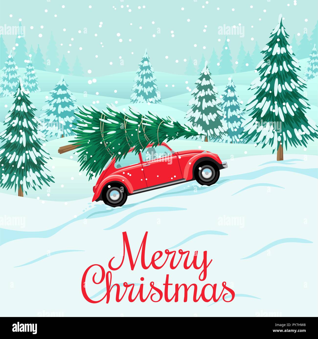 Rote Auto mit Weihnachtsbaum auf dem Dach, Lieferung Stock Vektor
