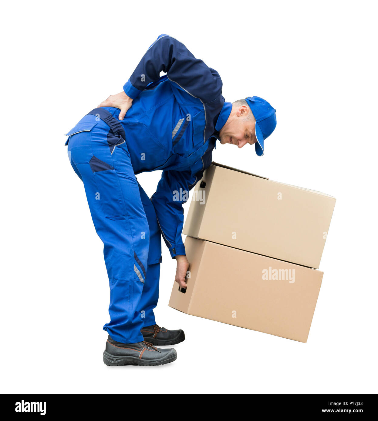 Reifen Delivery Man leiden unter Rückenschmerzen beim Anheben der Kartons auf weißem Hintergrund Stockfoto