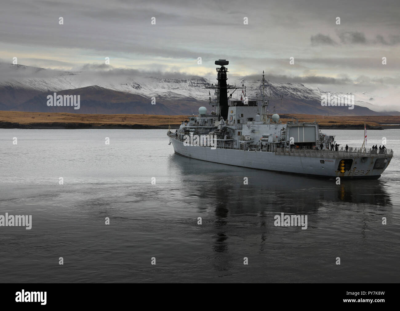 Royal Marine Typ 23 Fregatte HMS Westminister Blätter Reyjavik, Island, 22. Oktober 2018 Für NATO-Übung Trident Zeitpunkt 2018. Mit rund 50.000 Teilnehmer aus 31 Nationen, Tridnet Juncutre 2018 ist eine der größten Übungen der NATO in den letzten Jahren. Rund 250 Flugzeuge, 65 Schiffe und mehr als 10.000 Fahrzeuge an der Übung beteiligt sind. Foto: PO (Phot) Jim Gibson, Royal Navy Reserve. Stockfoto