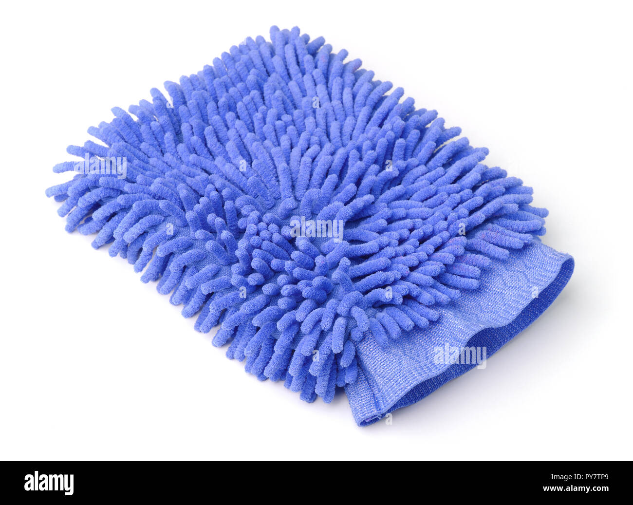 Blau mikrofaser Wash Mitt isoliert auf weißem Stockfoto