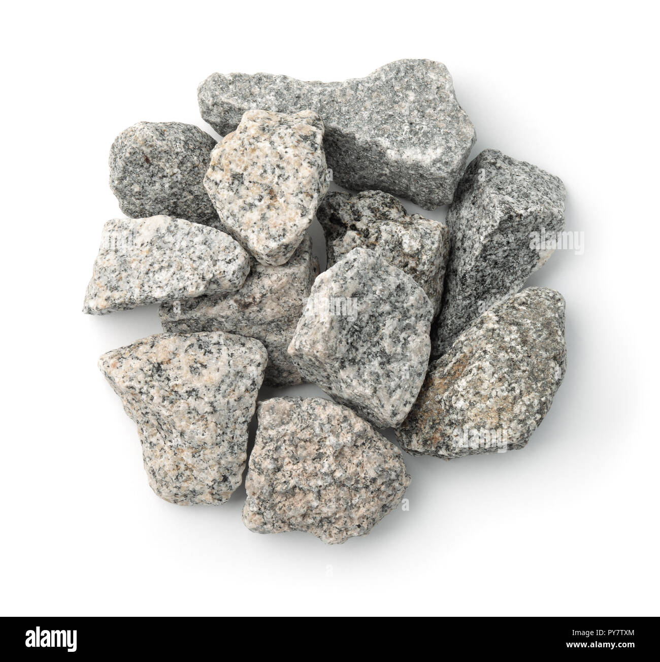 Ansicht von oben von gebrochenem Granit Steine isoliert auf weißem Stockfoto