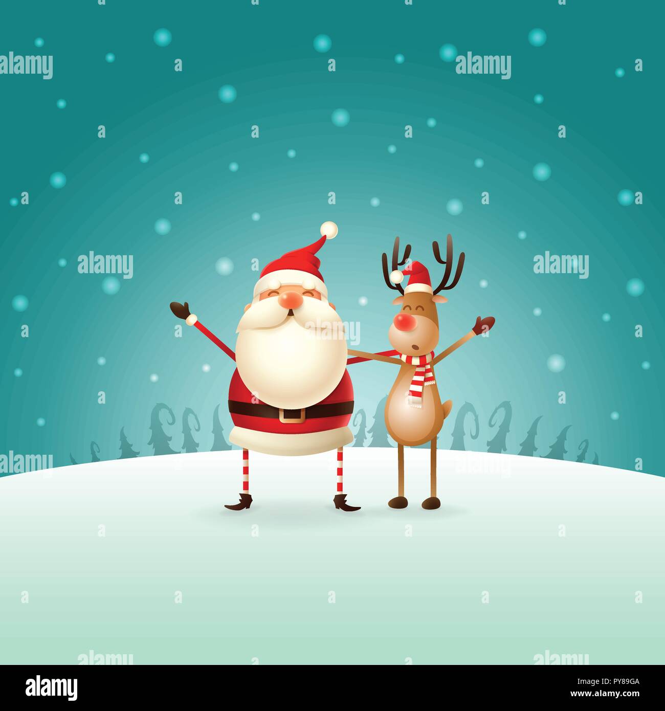 Niedliche happy Weihnachtsmann und Rentier Weihnachten feiern - Winterlandschaft - Christmas Card Stock Vektor