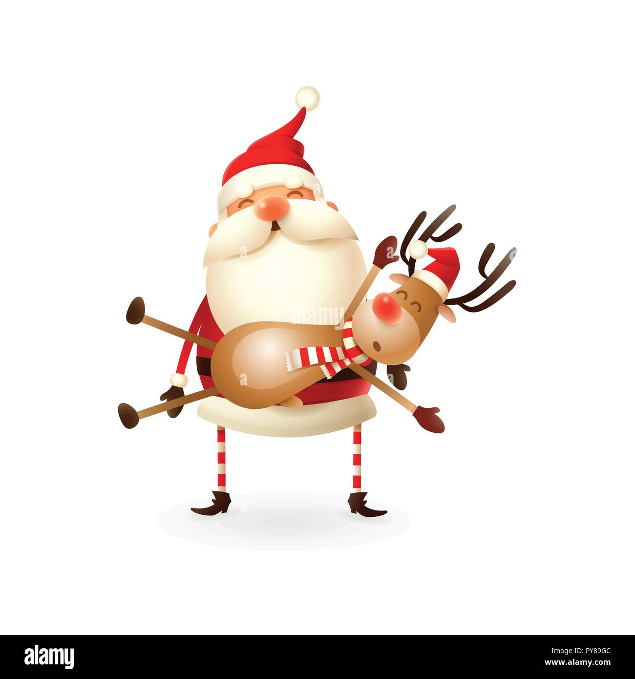 Santa Claus trägt ein Rentier auf seine Hände - Glückliche cute Abbildung Stock Vektor