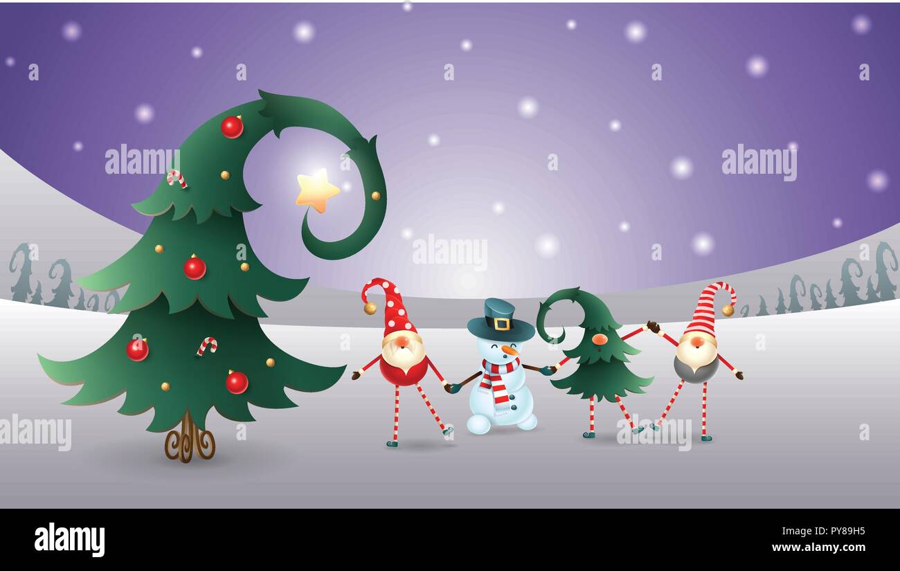 Freunde feiern Wintersonnenwende, Weihnachten und Neujahr. Skandinavische Gnomen und Schneemann mit geschmückten Weihnachtsbaum. Lila Winterlandschaft Stock Vektor