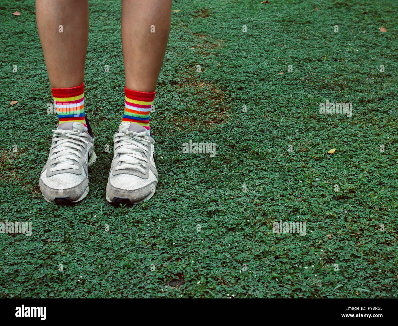 Beine tragen bunte elegant socken und weißen Turnschuhen auf grünem Feld  hipster Stil mit Kopieren Stockfotografie - Alamy