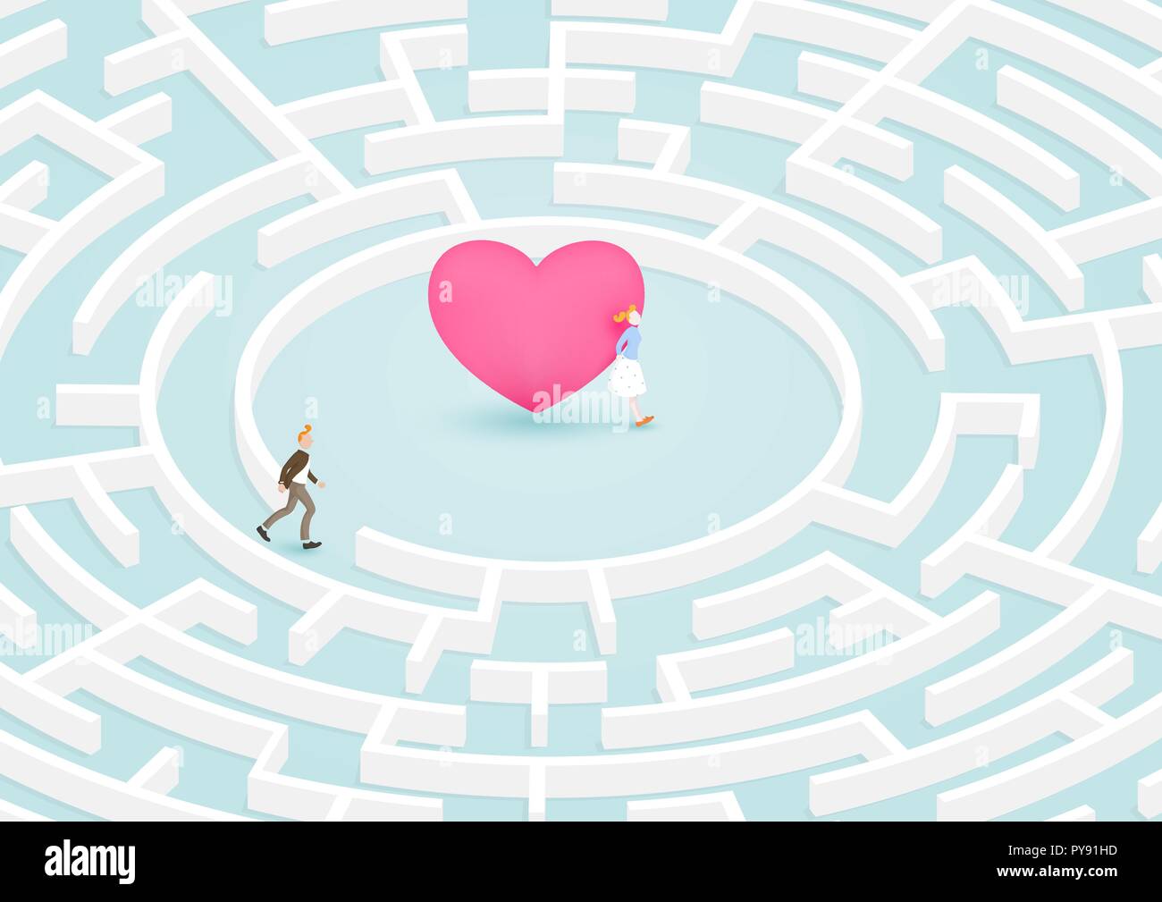 Mann Erfolg auf der Suche nach Freundin in kreisförmigen Labyrinth Labyrinth des Herzens. Vector Illustration für Liebe, Beziehung, zum Valentinstag Konzept. Stock Vektor