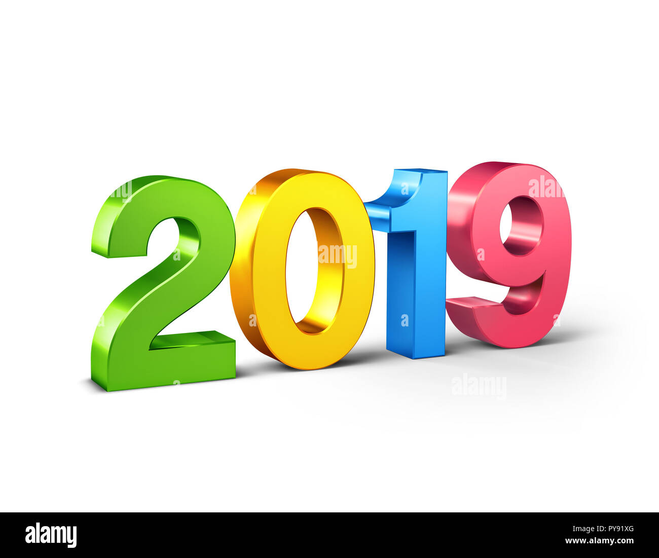 Neues Jahr 2019 bunte Datum Anzahl auf Weiß - 3D Illustration isoliert Stockfoto