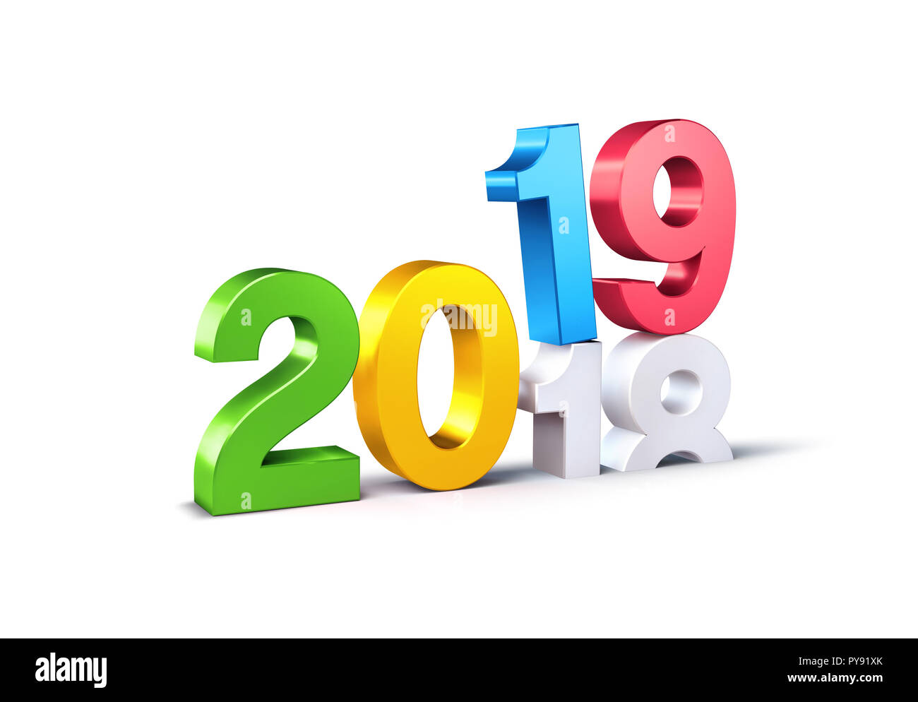 Neues Jahr 2019 bunte Datum Nummer oben 2018, weiß, 3-D-Abbildung isoliert Stockfoto