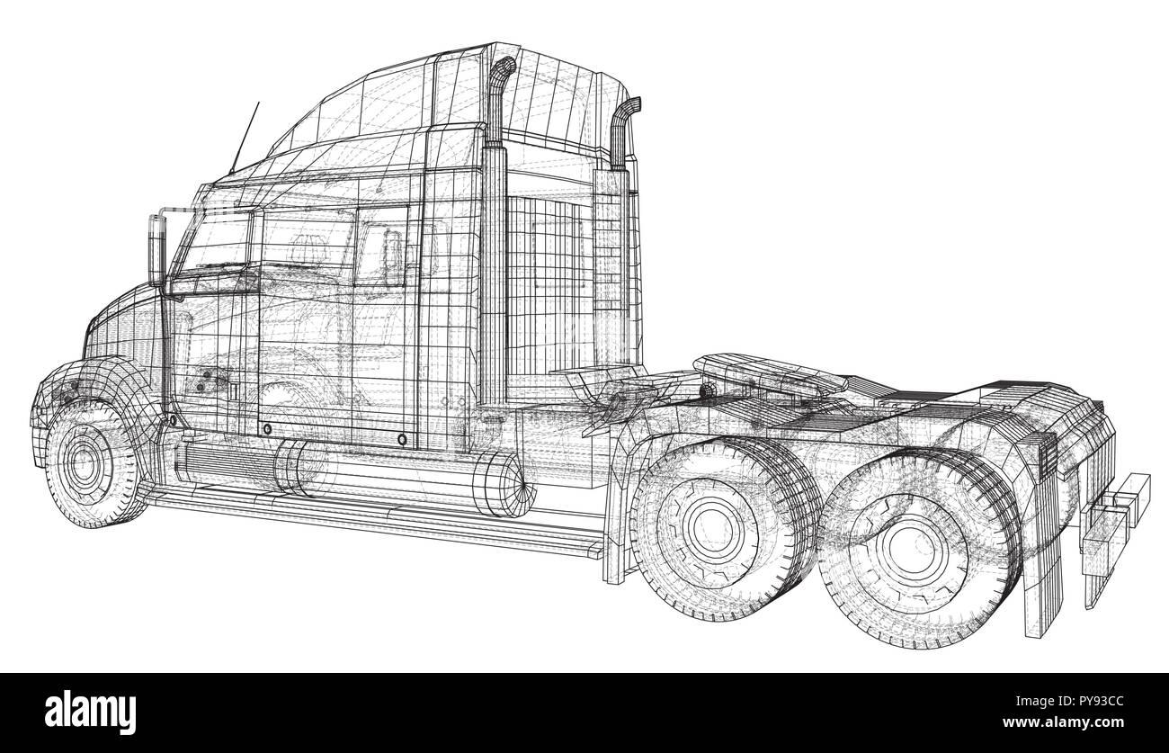 Wire-frame Big Truck Vektor. Auf weissem Hintergrund. Tracing Abbildung der 3d. EPS 10 Vektor Format Stock Vektor