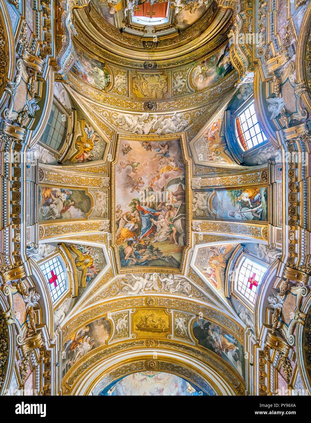 Fresco", die Auferweckung des Lazarus im Gebet seiner Schwester Maria' von Michelangelo Cerruti. Kirche Santa Maria Maddalena in Rom, Italien. Stockfoto