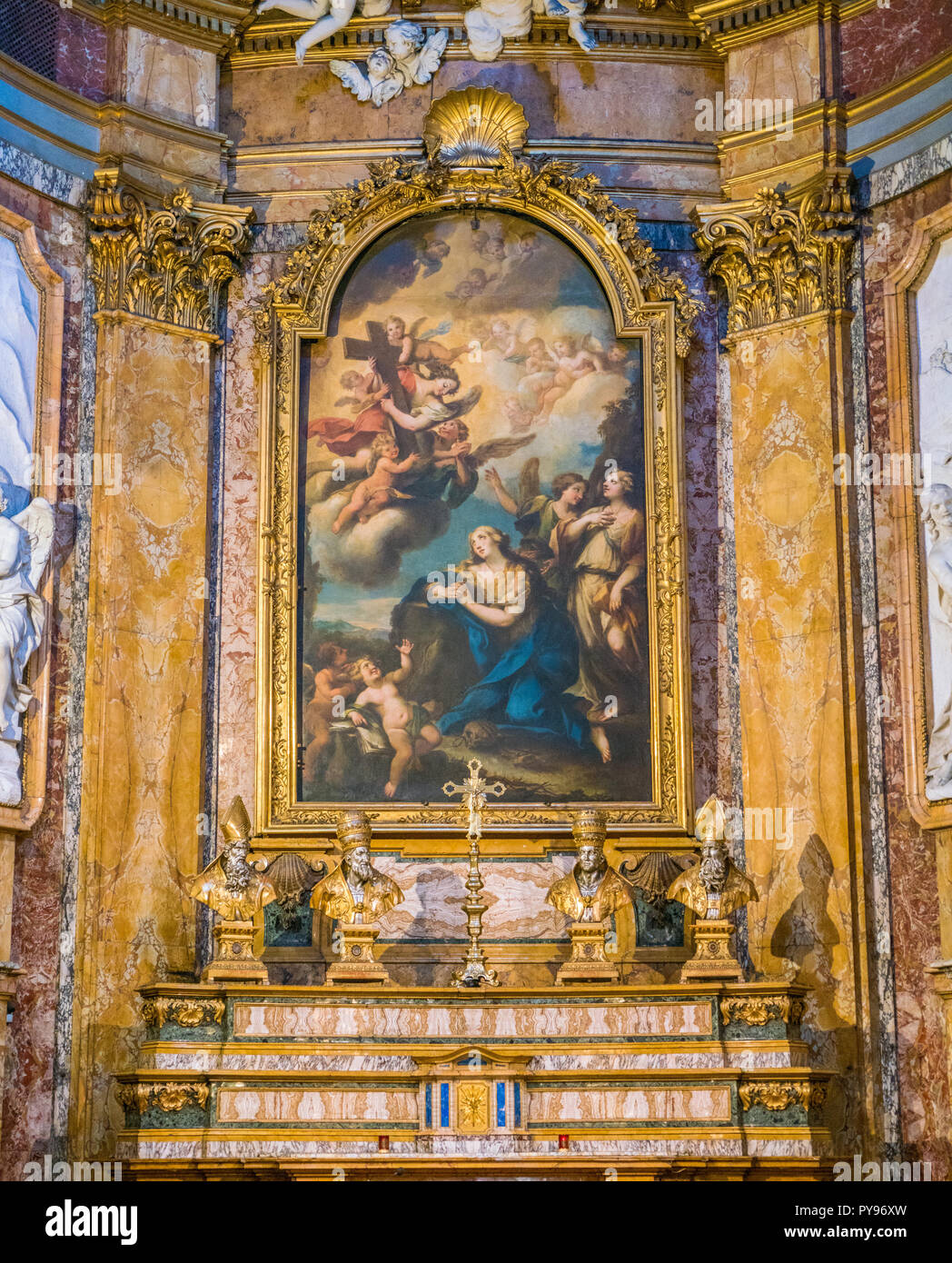 Gemälde "Der pönitenten Magdalen Anbetung des Kreuzes" von Michele Rocca, im Altar der Kirche Santa Maria Maddalena in Rom, Italien. Stockfoto