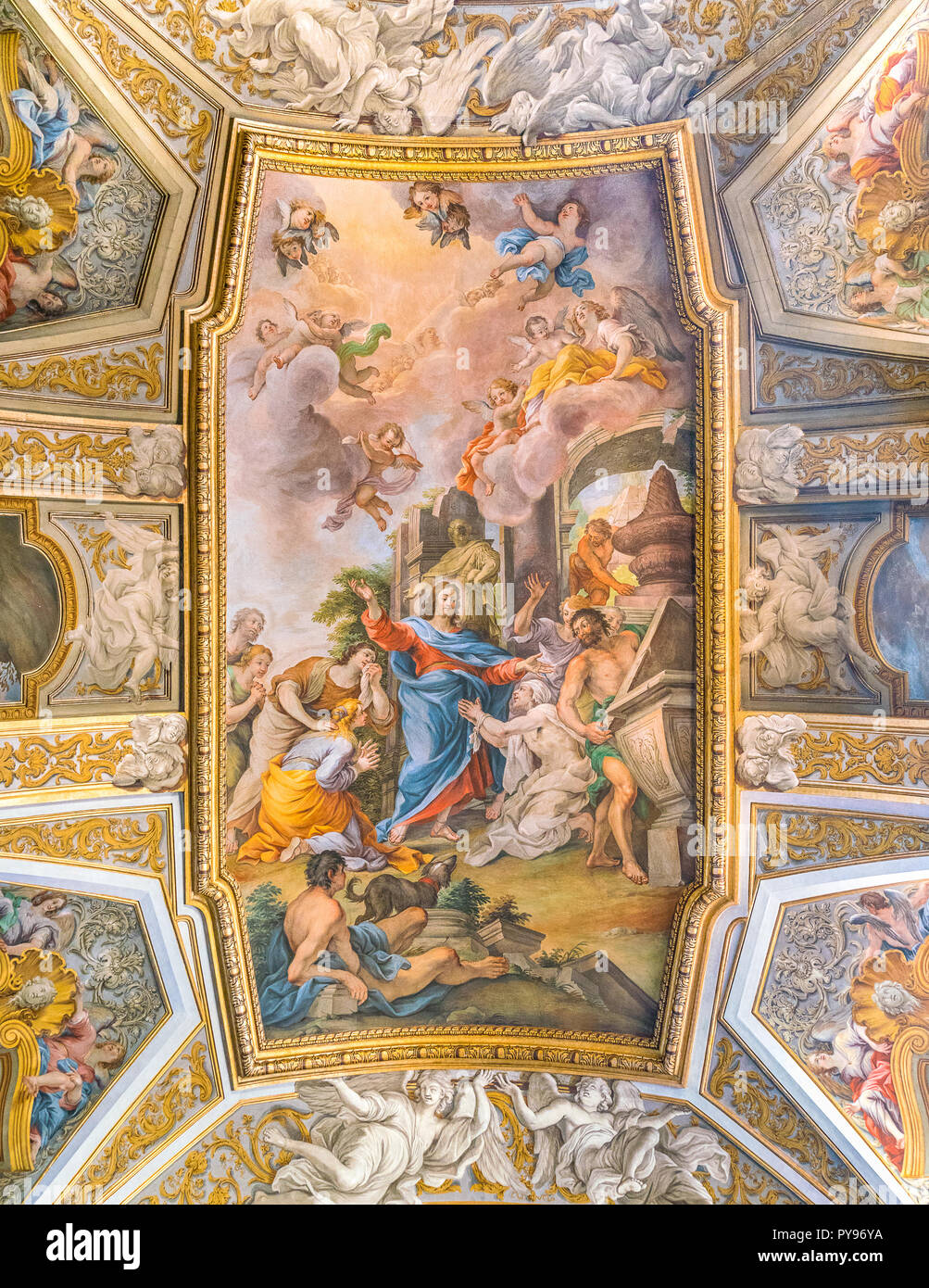Fresco", die Auferweckung des Lazarus im Gebet seiner Schwester Maria' von Michelangelo Cerruti. Kirche Santa Maria Maddalena in Rom, Italien. Stockfoto