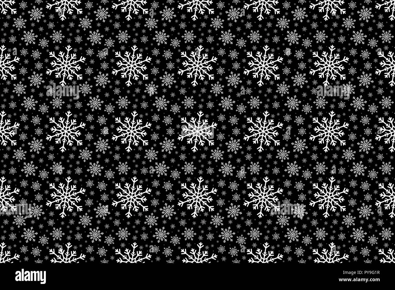 Weiße Schneeflocke nahtlose Muster auf einen schwarzen Hintergrund. Weihnachten und Winter Design mit unterschiedlich großen Schneeflocken. Stockfoto