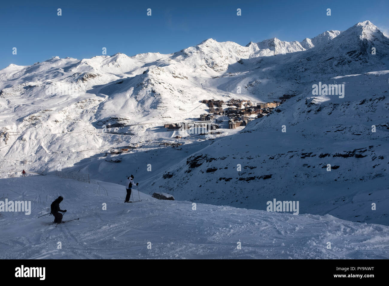 Val Thorens, Skigebiet in den Französischen Alpen, La Vanoise, Tarentaise, Savoyen. Stockfoto