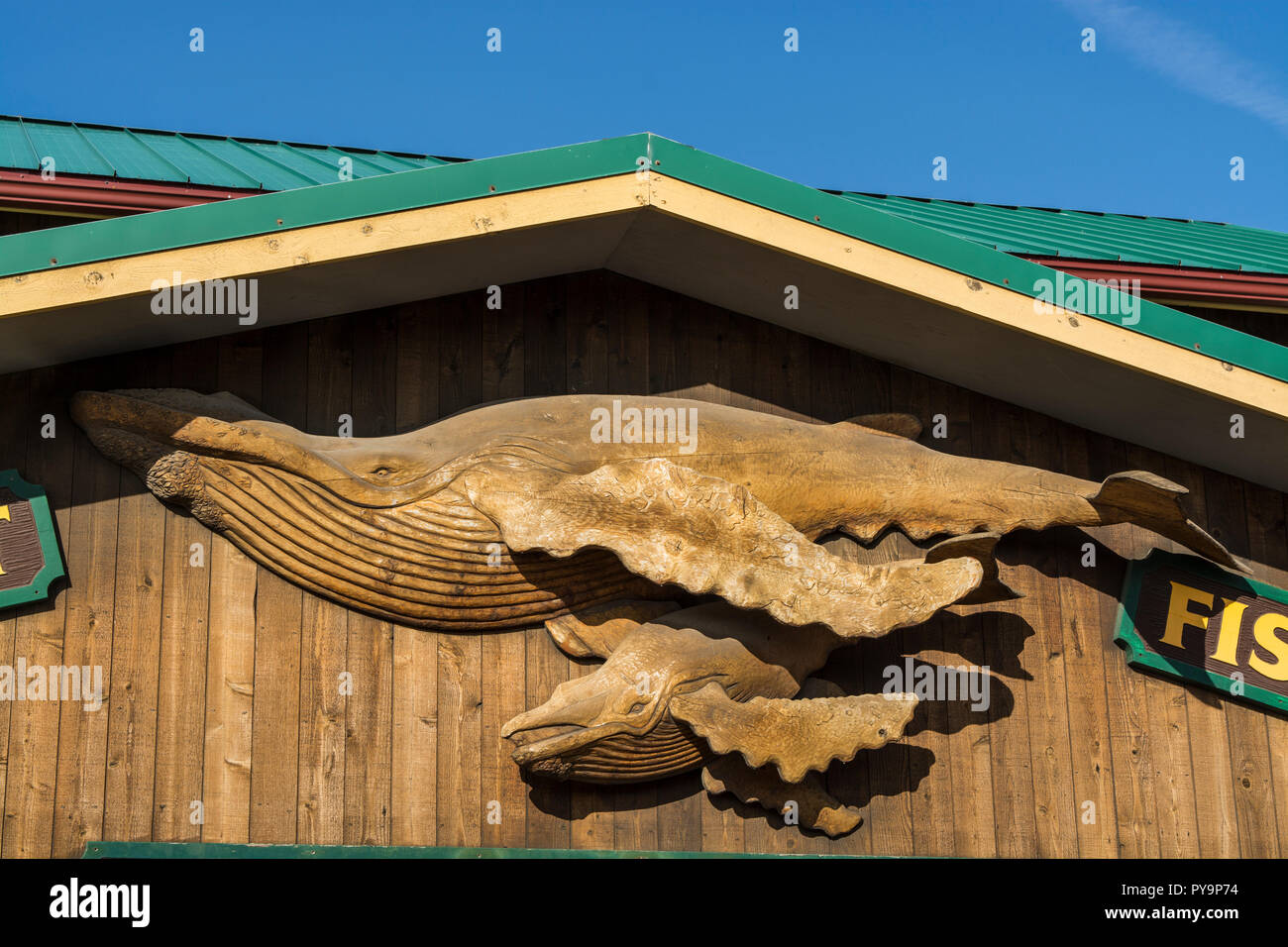 Wal carving Homer Spit, Homer, Kenai Fjords National Park, Alaska, USA. Stockfoto