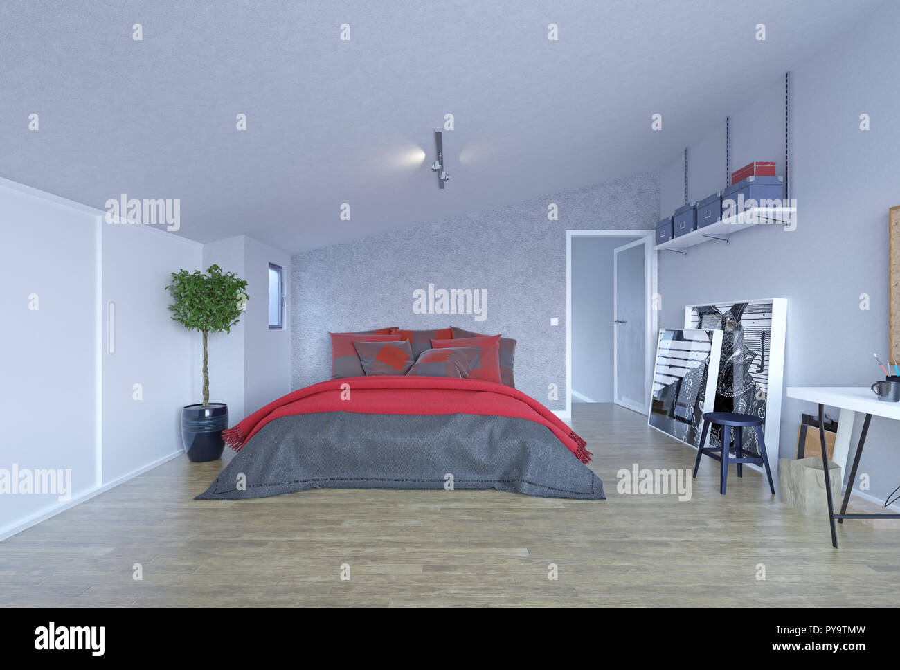 Moderne Schlafzimmer im Dachgeschoss. 3D-rendering Konzept Stockfoto