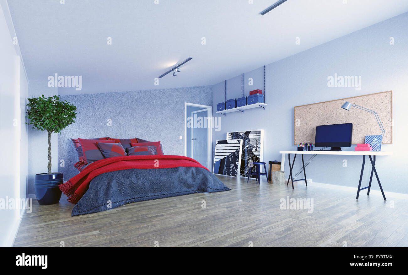 Moderne Schlafzimmer im Dachgeschoss. 3D-rendering Konzept Stockfoto