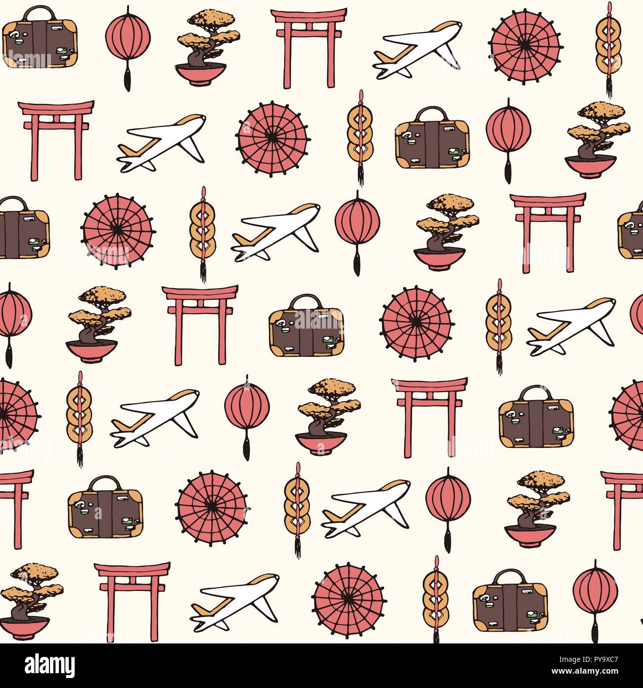 Hand gezeichnet Vektor Reisen nach Asien Seamless Pattern mit orientalischen Elementen: Schirme, Flugzeuge, Koffer, Münzen, Laternen, Bonsai und Torii-tor Stock Vektor