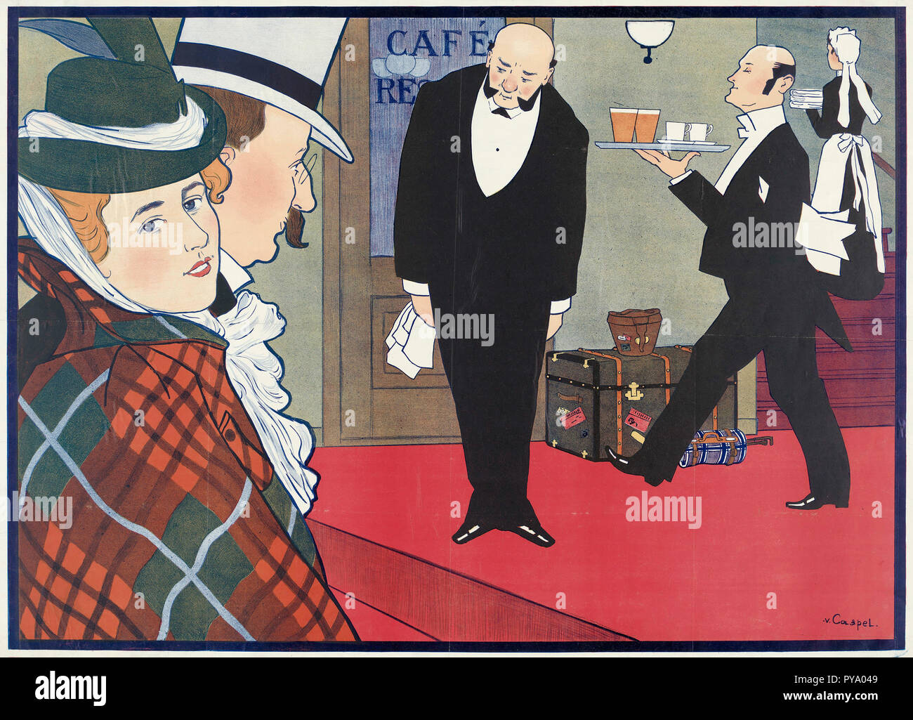 Ein Mann und eine Frau werden von der Oberkellner begrüßt, da sie ein Restaurant ein. Nach einer Arbeit entstanden um 1900 vom niederländischen Künstler Johann Georg van Caspel, 1870-1928. Stockfoto