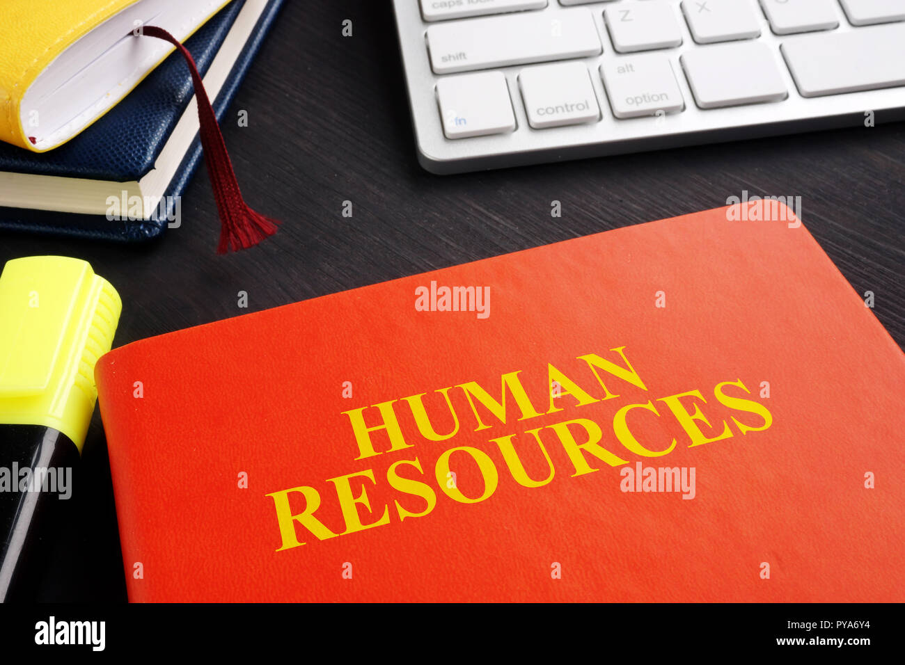 Buch über Human Resources HR auf dem Schreibtisch. Stockfoto