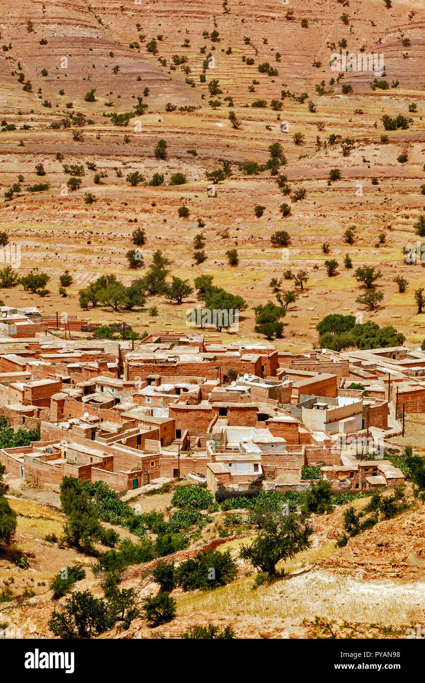 Marokko SOUS TAL Ein hochgelegenes Dorf mit TERRASSEN VON WEIZEN Stockfoto