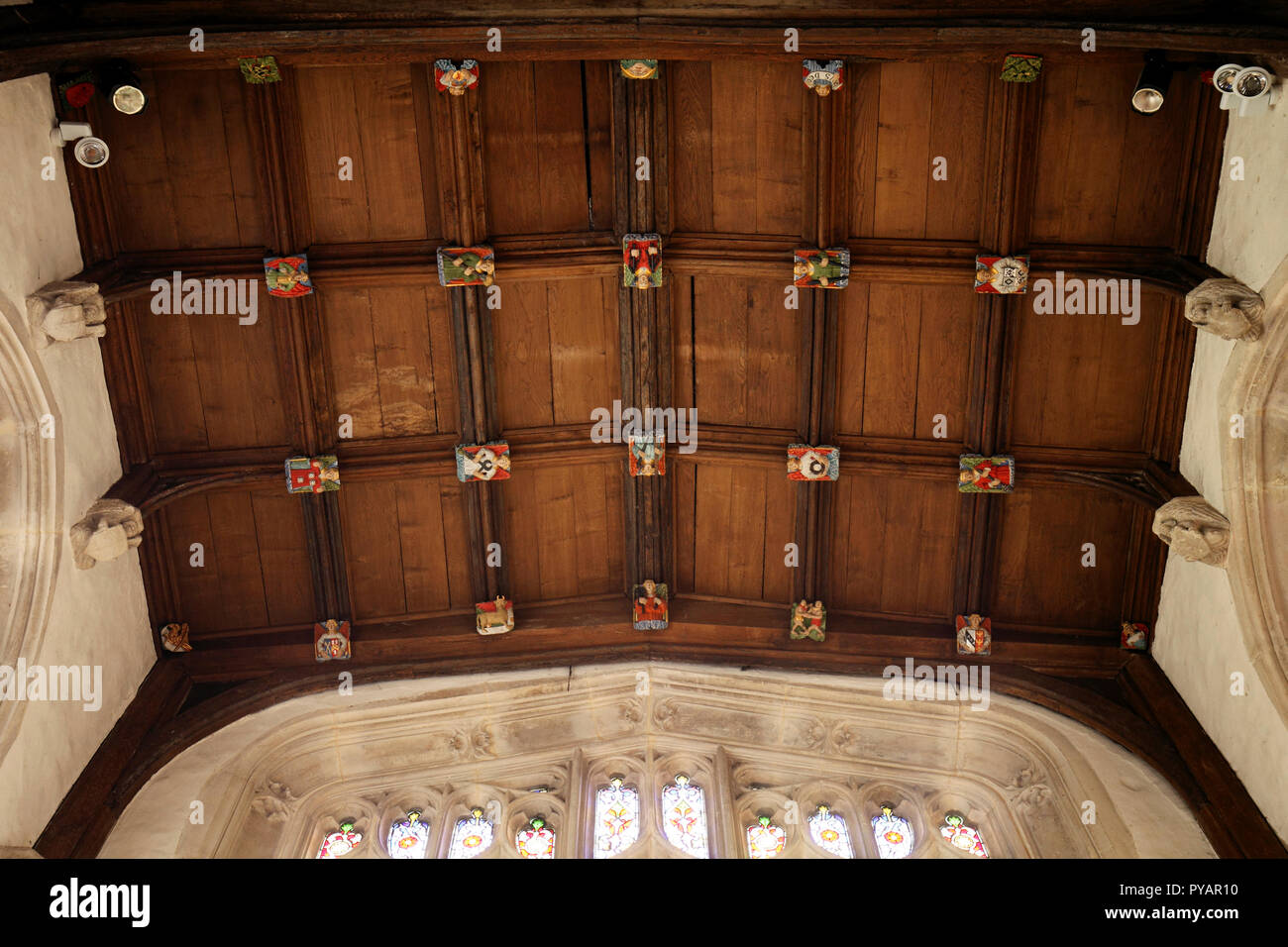 Dach Bosse in der Decke von St. Laurentius Kirche, Shelley's Schließen, Lechlade-on-Thames, Gloucestershire. UK. Stockfoto