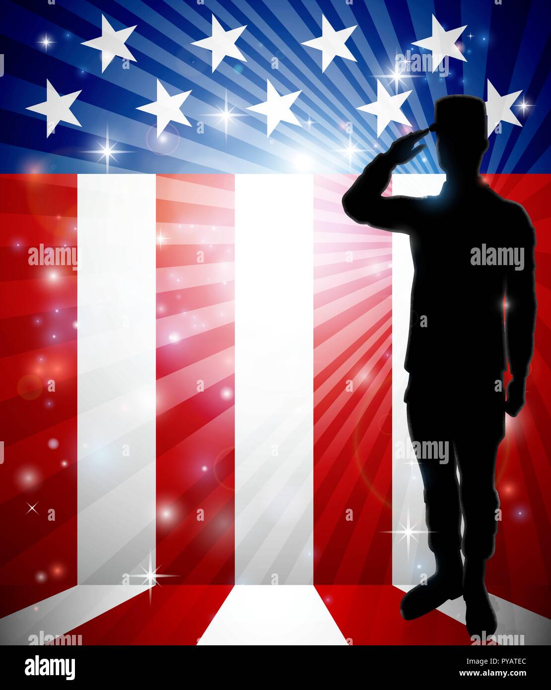 Patriotischer Soldat salutierte Amerikanische Flagge Stock Vektor