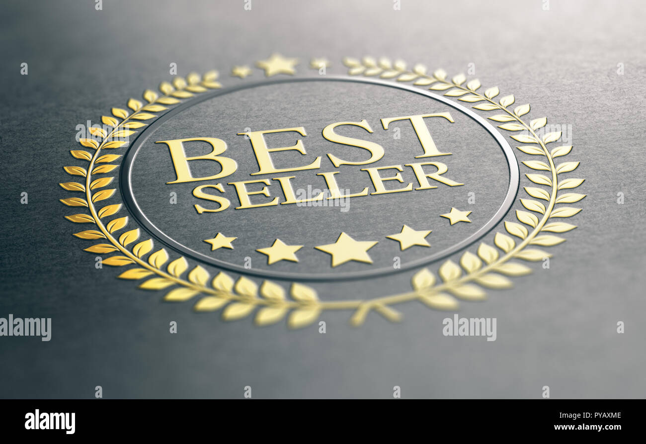 3D-Darstellung eines goldenen Bestseller award über schwarzen Papier Hintergrund Stockfoto
