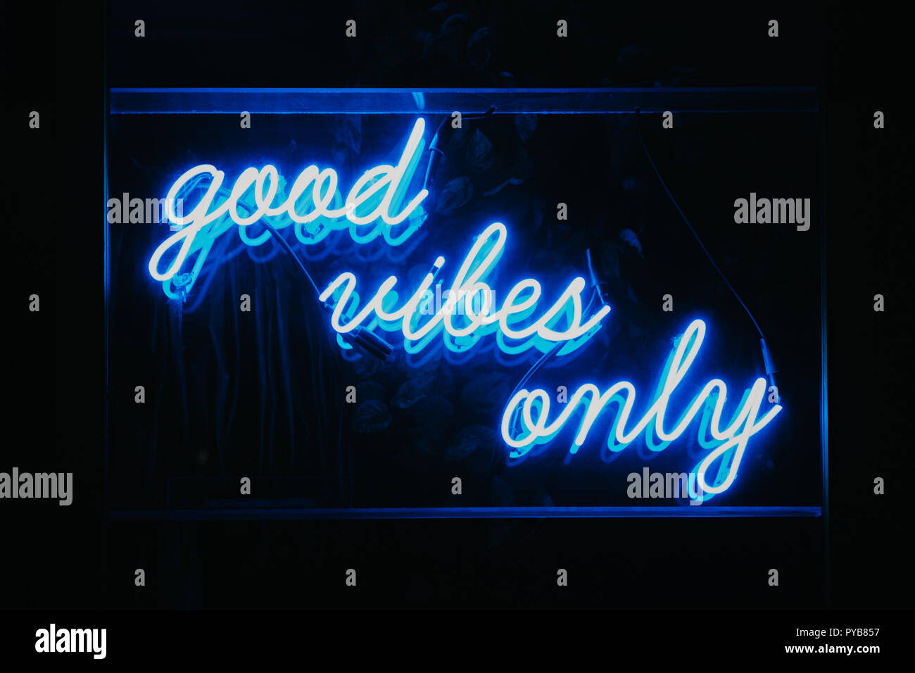 Blue Gute nur Vibes Worte im Neonlicht Beschilderung. Stockfoto