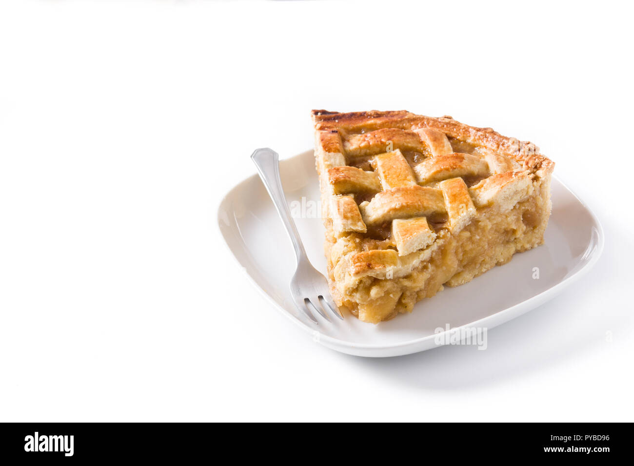 Hausgemachten Apfelkuchen Slice auf weißem Hintergrund. Copyspace Stockfoto