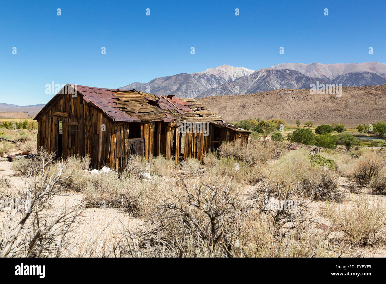 Verfallenes Holzhaus in Benton Springs, Kalifornien, USA. Verlassene Minenstadt in der Nähe von Nevada Staatsgrenze. Stockfoto
