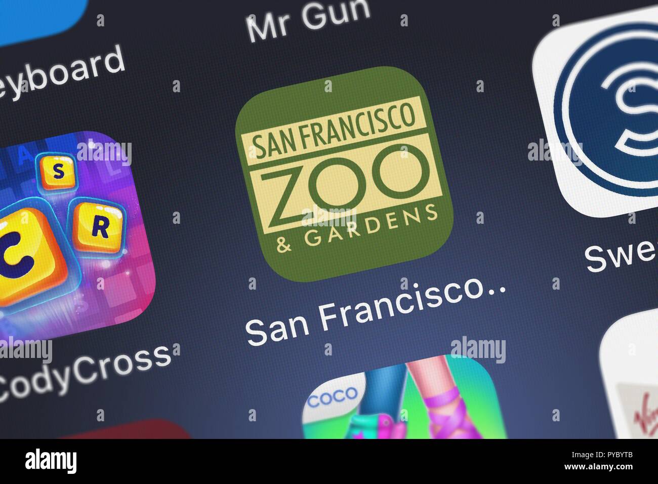 London, Großbritannien, 26. Oktober 2018: Nahaufnahme der San Francisco Zoo Symbol Anwendung von LDW Software, LLC auf einem iPhone. Stockfoto