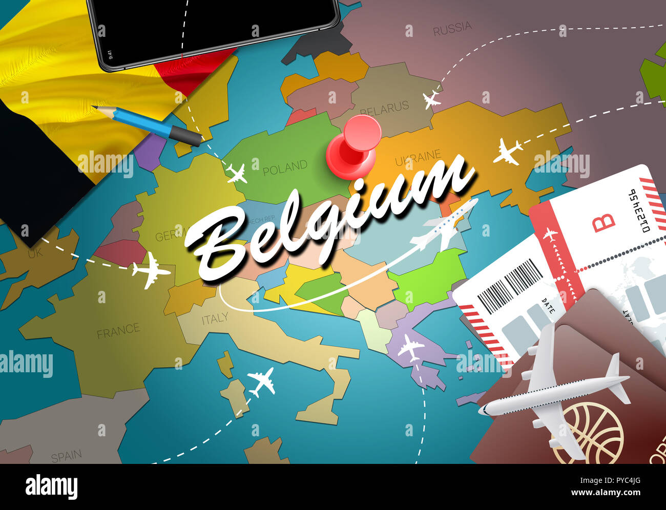 Belgien Travel Concept Map Hintergrund mit Flugzeugen, Tickets. Besuchen Sie Belgien Reise und Tourismus Ziel Konzept. Belgien Flagge auf der Karte. Ebenen und flig Stockfoto