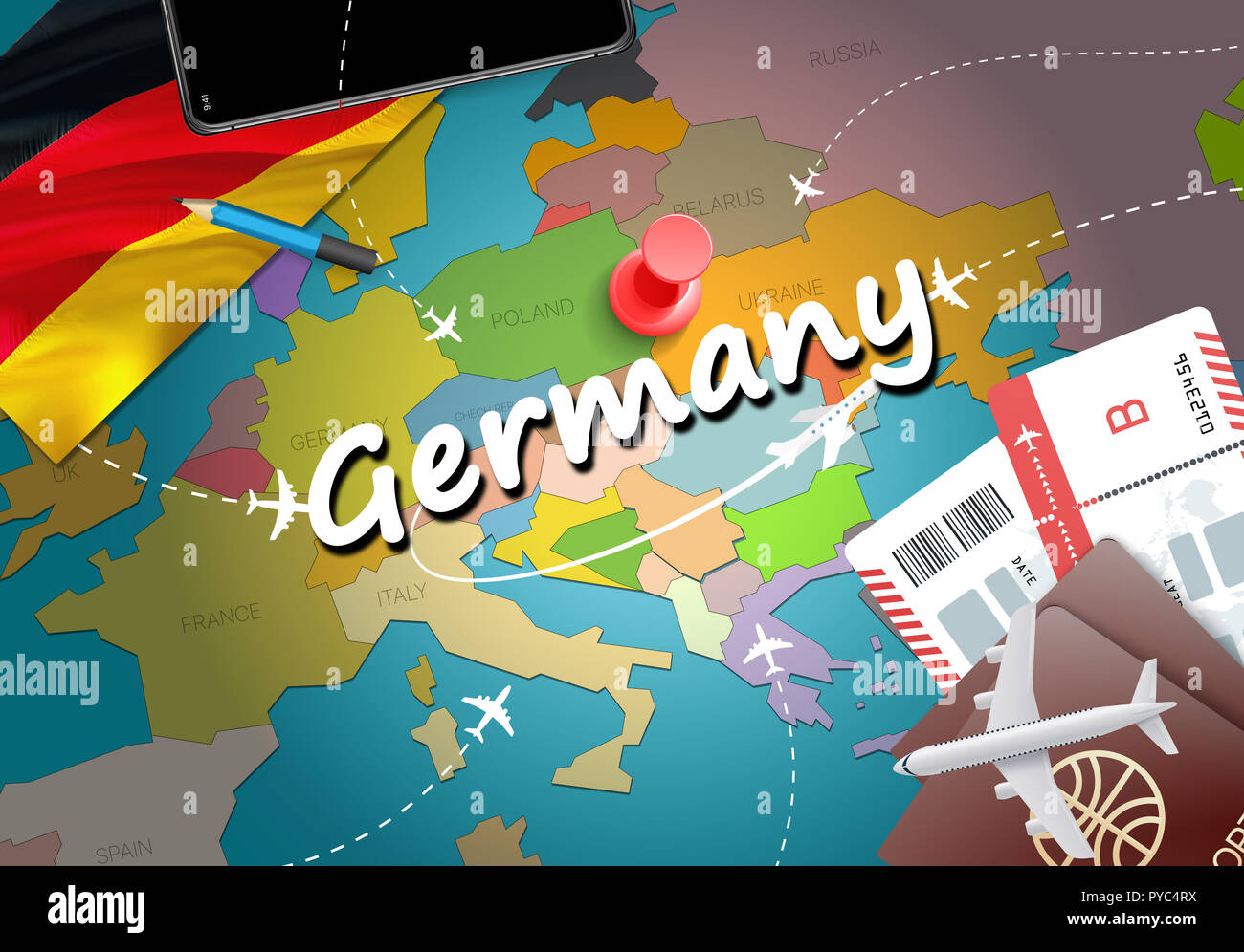 Germany Travel Concept Map Hintergrund mit Flugzeugen, Tickets. Besuchen Sie Deutschland Reisen und Tourismus Ziel Konzept. Deutschland Fahne auf der Karte. Ebenen und flig Stockfoto