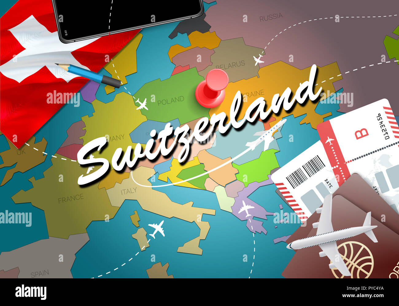 Switzerland Travel Concept Map Hintergrund mit Flugzeugen, Tickets. Die  Schweiz besuchen Reise und Tourismus Ziel Konzept. Schweiz Flagge auf der  Karte. Plan Stockfotografie - Alamy