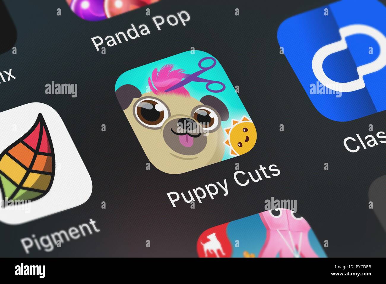 London, Großbritannien, 26. Oktober 2018: Nahaufnahme des Welpen Schnitte - Mein Hund Fellpflege Pet Salon mobile App von StoryToys Entertainment Limited Stockfoto