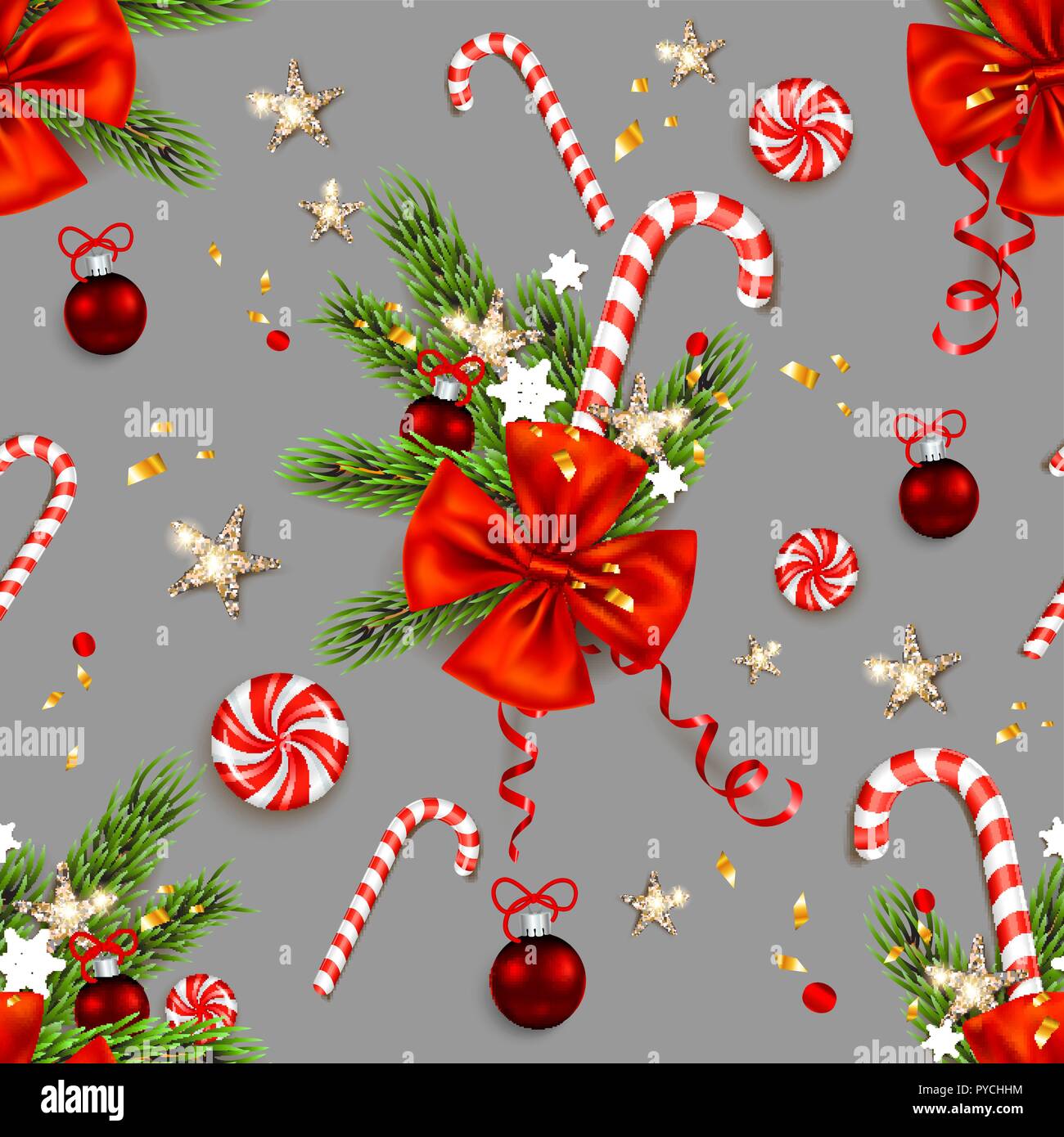 Winterurlaub nahtlose Muster. Festliche Weihnachten Symbole Tapete. Weihnachtsbaum, Band, Zuckerstange, Sterne, Kugeln, Schneeflocken sich wiederholenden Einrichtung Stock Vektor