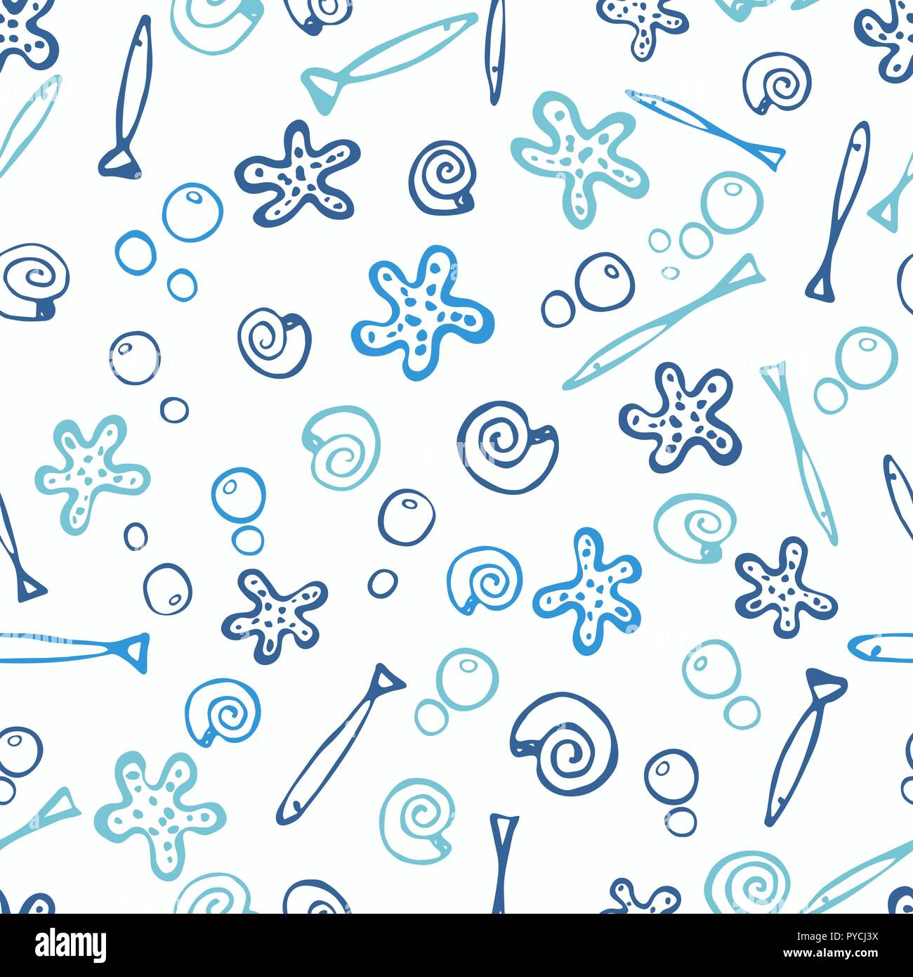 Blau Unterwasserwelt nahtlose Muster. Hand Fischen und Muscheln auf weißem Hintergrund dargestellt. Blau funky kitsch Muster für Ihr Design. Stock Vektor