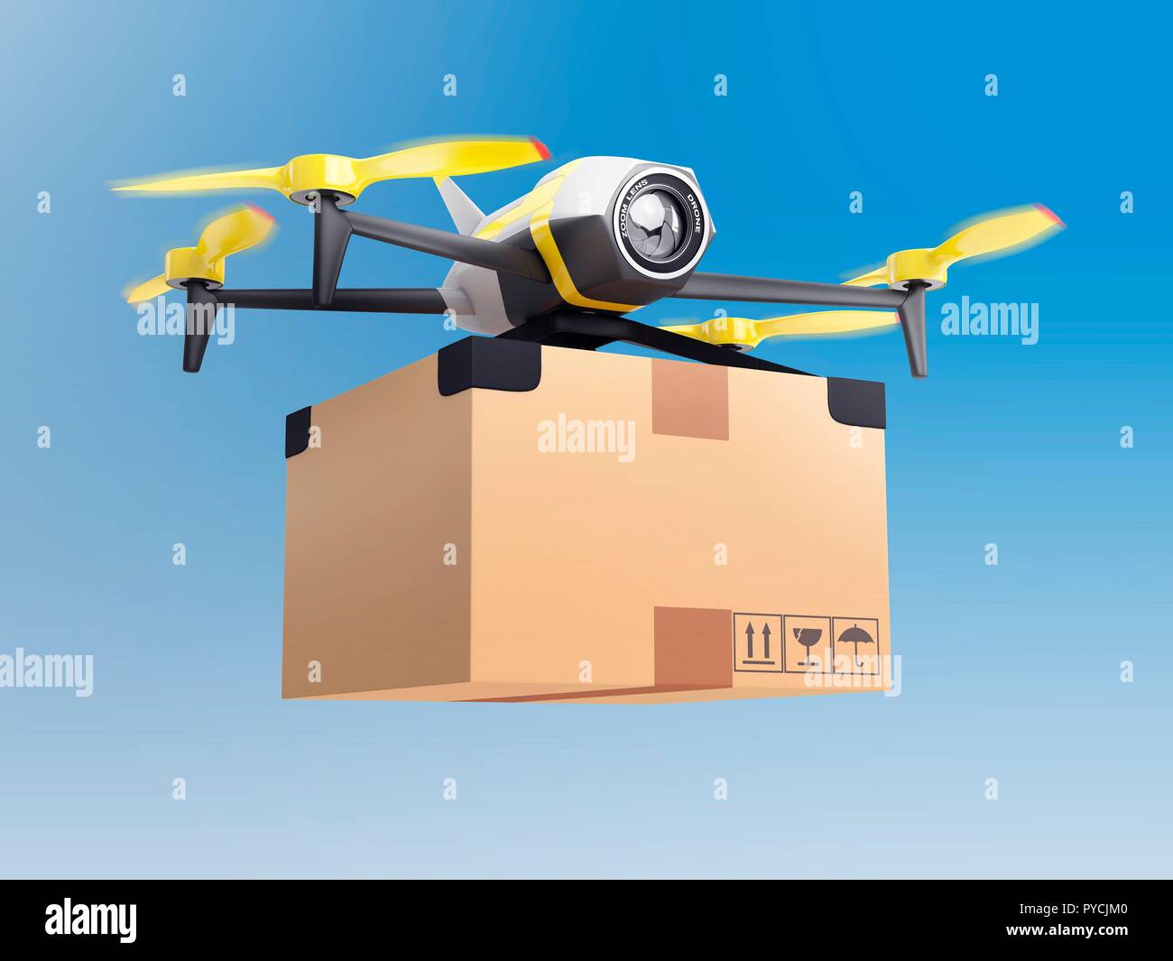 Lieferung Drone mit einem Paket, Illustration. Stockfoto