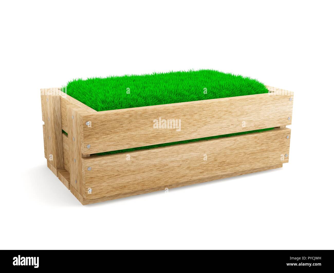 Holzkiste mit Gras, Illustration gefüllt. Stockfoto