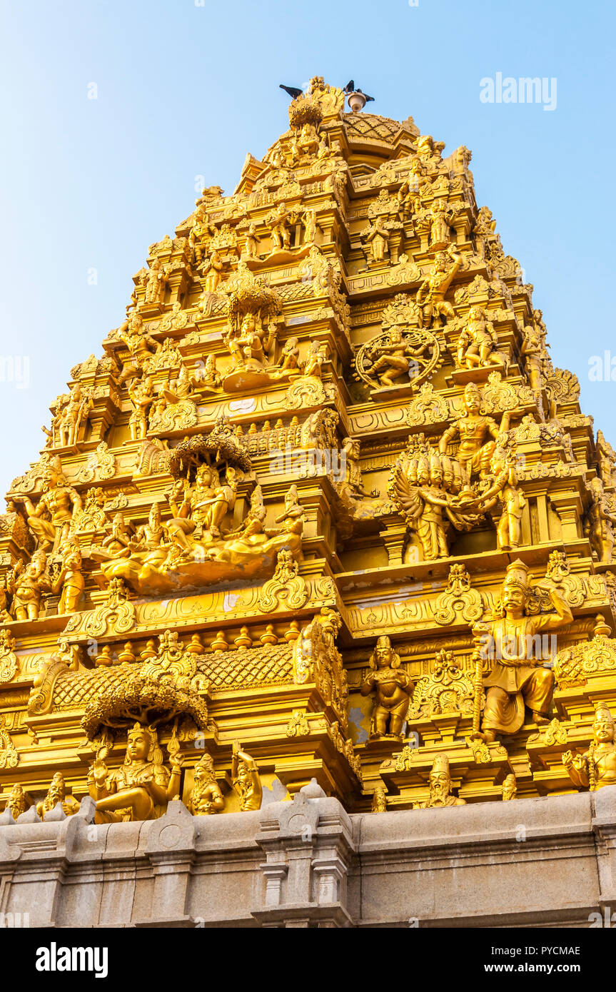 Murudeshwar, Karnataka, Indien - Januar 6, 2015: Goldene Dravidian Shikhara oder vimana von murudeshwar Tempel zu Shiva gewidmet. Stockfoto