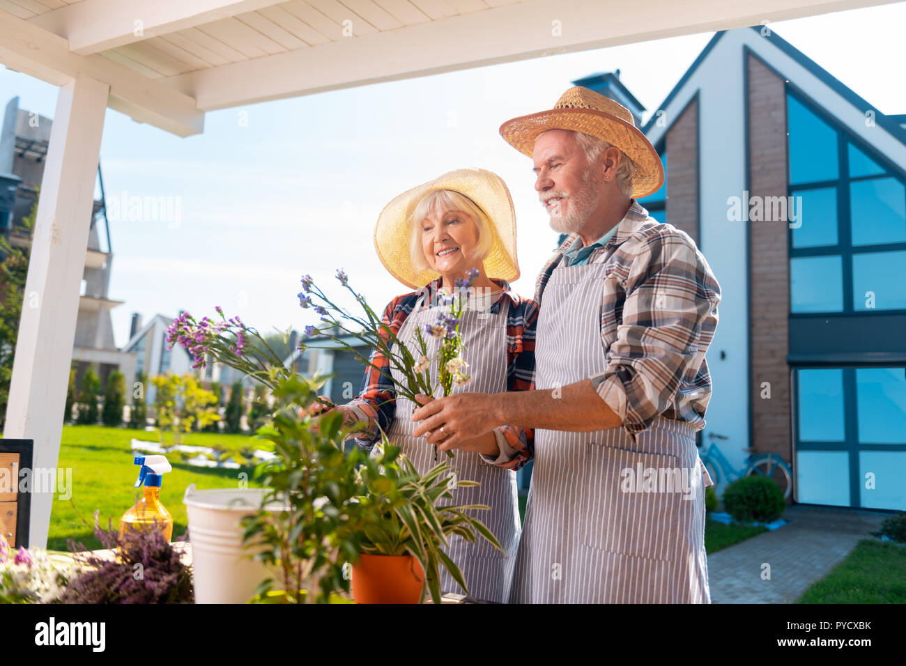 Reifer Mann und Frau tragen gestreifte Schürzen die Pflege von Blumen und Pflanzen. Stockfoto